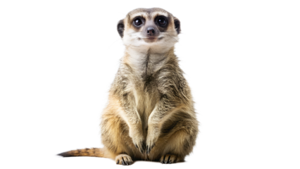 a meerkat standing upright on its hind legs. Its fur is predominantly brown with darker stripes and patches
