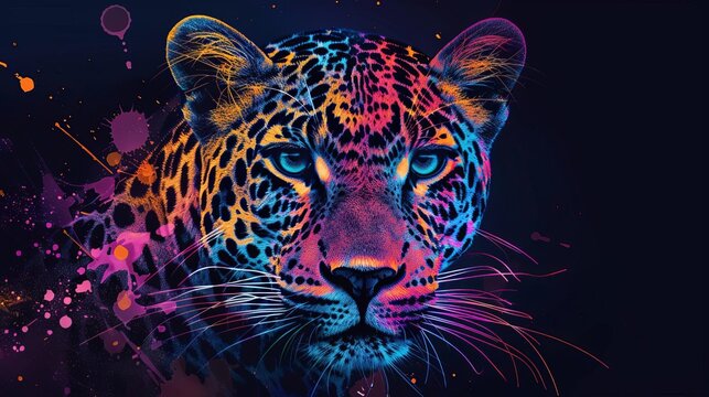 neon leopard black background pop art Illustration of a leopard in neon colors on a black background in the pop art style and splatters of watercolor paint