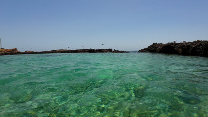 Fototapeta premium Photography small rock island with birds in Oman near Muscat during spring day