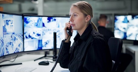 Communication, security and woman with telephone, monitor and watch of cctv, danger and control...