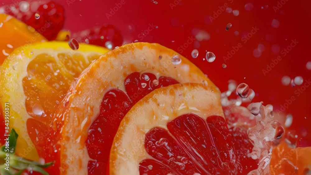 Sticker Close up of red grapefruit with splash of water