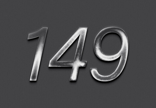 Chrome metal 3D number design of 149 on grey background.