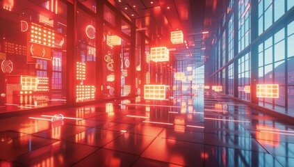 A digital rendering of an empty room with large windows on the right.