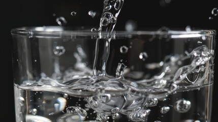 Fresh water is poured into a transparent glass. Splash in a glass, drop of water falling into a glass