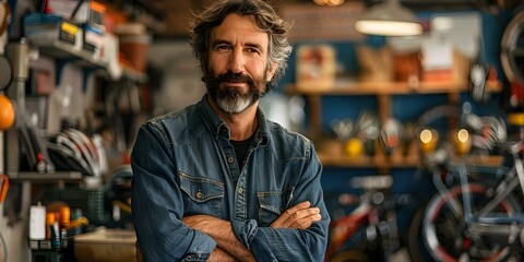 Man in bike shop with crossed arms isolated on white background. Concept Bicycle shop, Man with crossed arms, Isolated background, Retail industry