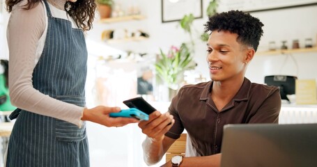 Customer, payment and cellphone with man, pos and transaction with internet, restaurant and laptop....