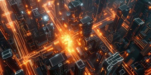 A futuristic cityscape with glowing circuit lines representing data flow, seen from above.