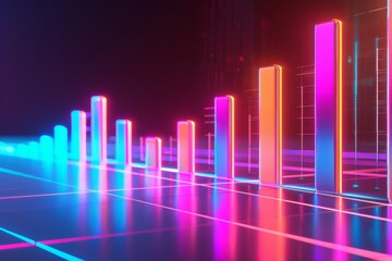 Fototapeta premium A glowing neon bar graph and bar chart with data points isolated on a pastel background