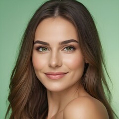 Fototapeta premium Pretty european beauty woman long hair with makeup glowing face and healthy facial skin portrait smile on isolated light green background