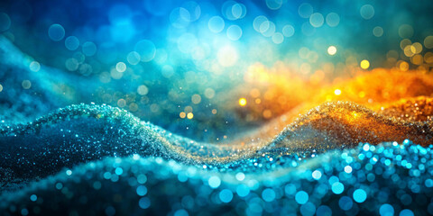 Shimmering shades of blue and gold create a vibrant, wave-like pattern, creating a rippling motion in the cascade of bokeh lights. The sparkling effect suggests a magical or fantastical atmosphere.AI 