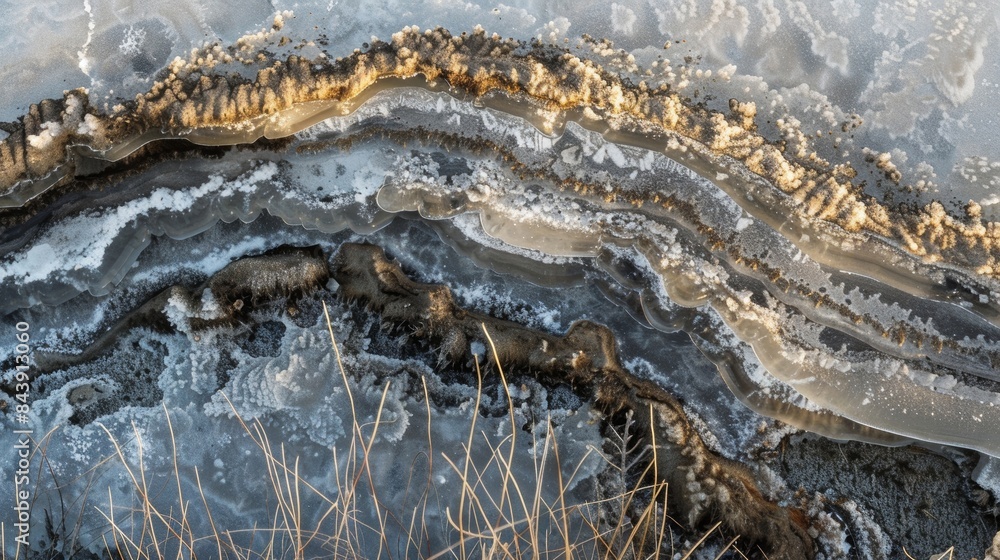 Poster a closer look at a thaw pond reveals intricate patterns in the layers of ice evidence of the complex