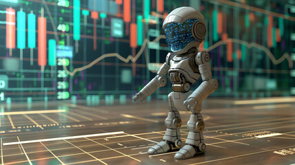 Advanced robots, with a curtain wall and LED screen showing stocks and data in the background