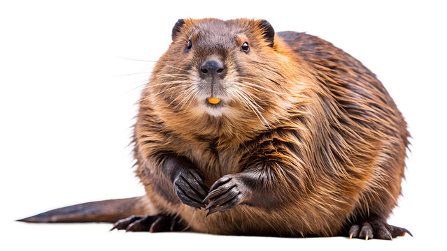 a close-up of a beaver against a white background. The beaver has rich brown fur, sharp claws on its front paws, and visible orange incisors