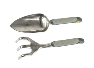 close up on garden tools isolated on white background