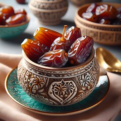 Dried date palm fruits on a bowl for ramadan food greetings