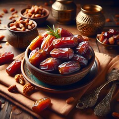 Dried date palm fruits on a bowl for ramadan food greetings