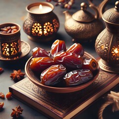 Dried date palm fruits on a bowl for ramadan food greetings