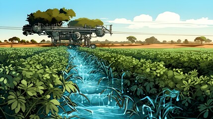 Fototapeta premium A picturesque farm with a stream flowing through it,
