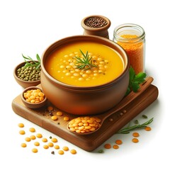 Isolated yellow lentil soup on white background