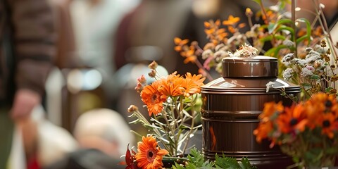 Burial urn with flower ashes at funeral service people mourning in background. Concept Funeral Service, Mourning, Burial Urn, Flowers, Grief,