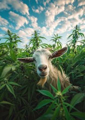 Curious Goat in Hemp Field - A curious goat munching on hemp leaves in a lush field under a bright blue sky with fluffy clouds. Perfect for agricultural and nature themes.