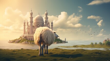 Obraz premium Sheep standing with moon and mosque Islamic background, Eid ul Adha Mubarak background