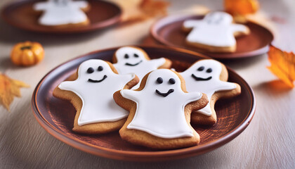Halloween gingerbread cookies in shape of ghost. Tasty dessert. Homemade sweets. Trick or treat.