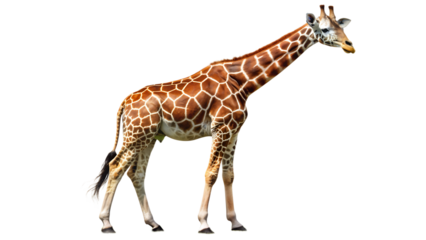 a giraffe standing against a white background. The giraffe has a distinctive pattern of large, brown spots outlined with white lines on its body