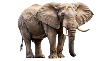 a full-bodied African elephant standing against a plain, light background. The elephant faces slightly to the left