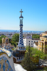 Park Güell located on Carmel Hill, in Barcelona. Vibrantly colored tiles