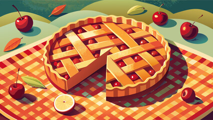 Vibrant Illustration of a Classic Cherry Pie on a Picnic Blanket