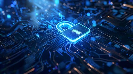 glowing blue neon lock icon on digital circuit board background, illustrating cyber security and data protection concepts, technology, digital security and IT infrastructure 