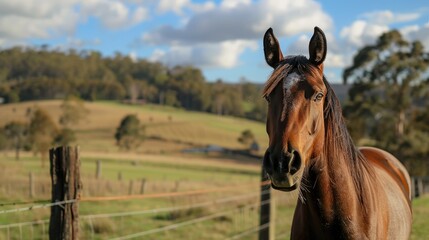 Obraz premium Close up image of a horse in a farm paddock