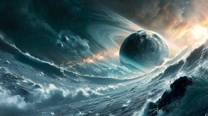 Fototapeta premium Sunlit Earth and Moon with Ocean View under Starry Sky