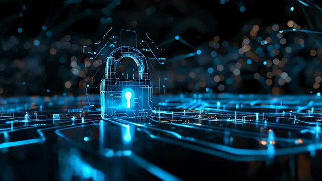 glowing blue neon lock icon on digital circuit board background, illustrating cyber security and data protection concepts, technology, digital security and IT infrastructure 