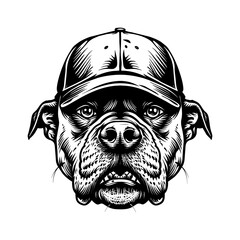 Fototapeta premium pitbull, wears baseball hat cap engraving black and white outline