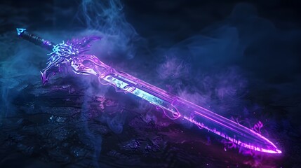 Obraz premium fantasy sword with purple and blue glow, laying on dark rocks, fantasy background