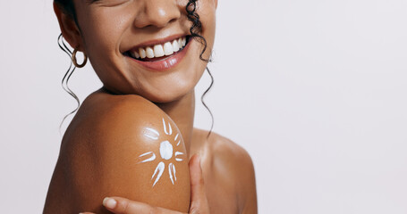 Lotion, sunscreen and shoulder of woman in studio with moisturizing, health and skincare routine....