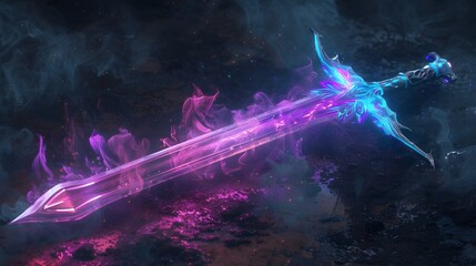 fantasy sword with purple and blue glow, laying on dark rocks, fantasy background