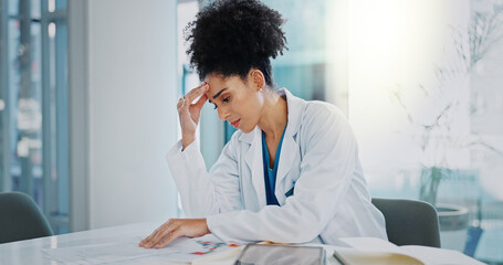 Headache, doctor or woman with stress or documents in hospital clinic overwhelmed by emergency. Depression, sick or tired healthcare worker in office frustrated by migraine pain, paperwork or burnout
