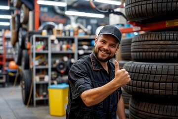 Mechanic smiling holding car tire in repair shop garage with thumbs up gesture