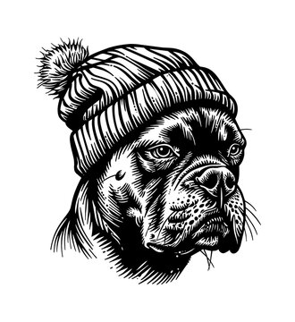 recommend clip art: pitbull, wears beanie hat engraving black and white outline