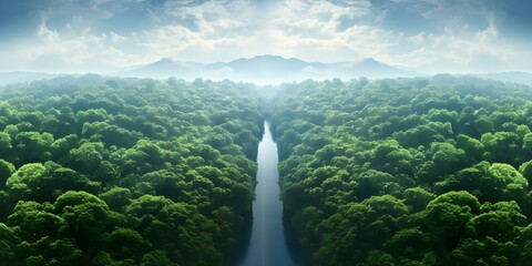 Aerial perspective reveals expansive rainforest with endless greenery beneath vast sky. Concept Rainforest Photography, Aerial Perspective, Greenery, Nature Photography, Vast Sky