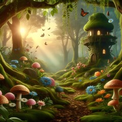 Fantastic wonderland forest landscape with mushrooms and flowers