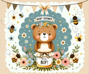 Baby shower invite with cute bear holding honey jar It's a boy surrounded by flowers and bees