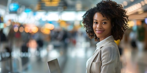 Obraz premium Creative African American businesswoman with laptop meeting client at busy airport. Concept Business, African American, Meeting, Airport, Laptop