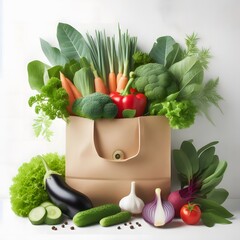 Fresh vegetables in a paper shopping bag and white background. Good food concept for health and diet.