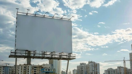 Obraz premium Blank white banner for advertisement mounted on construction site on a sunny day.