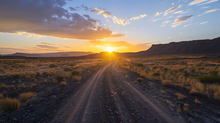 iron roads in the middle of the desert going off into the distance at sunset