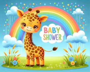 Naklejka premium Adorable baby giraffe baby shower invitation with vibrant rainbow background and festive elements.
